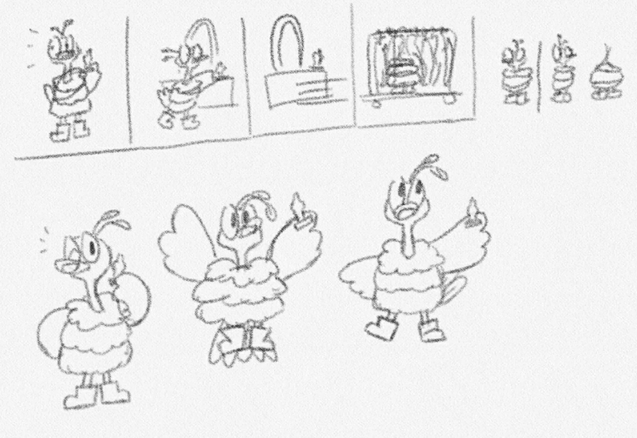 Second half of the storyboard, along with sketches of the ostrich holding the award